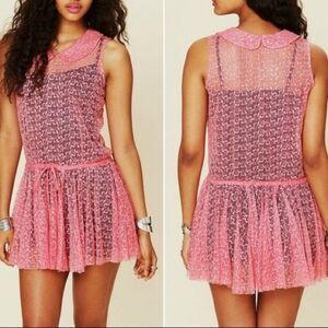 Free People FP One Lace Mia Mini Dress Pink Collar Sheer Summer Floral Size XS